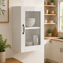 White Wall-Mounted Kitchen Cabinet with Glass Door