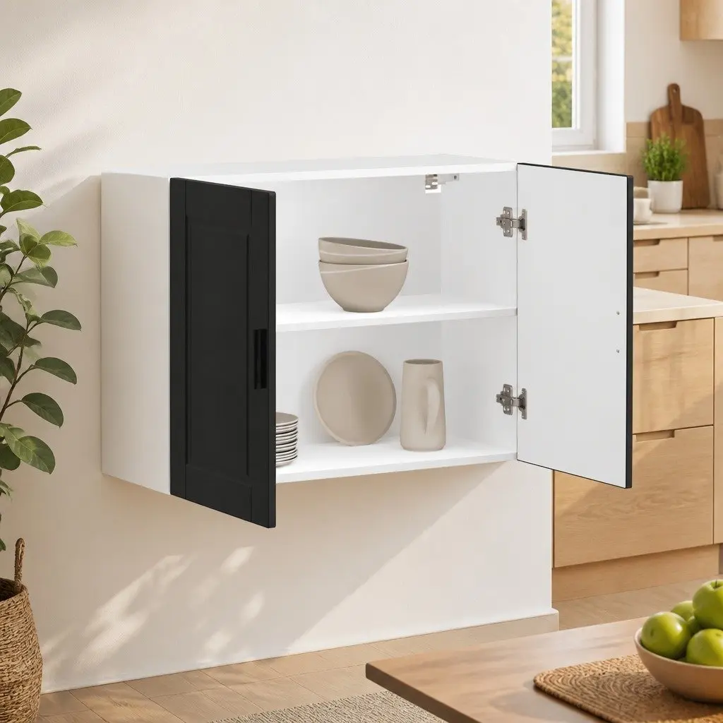 Black Engineered Wood Kitchen Wall Storage Cabinet with Concealed Doors