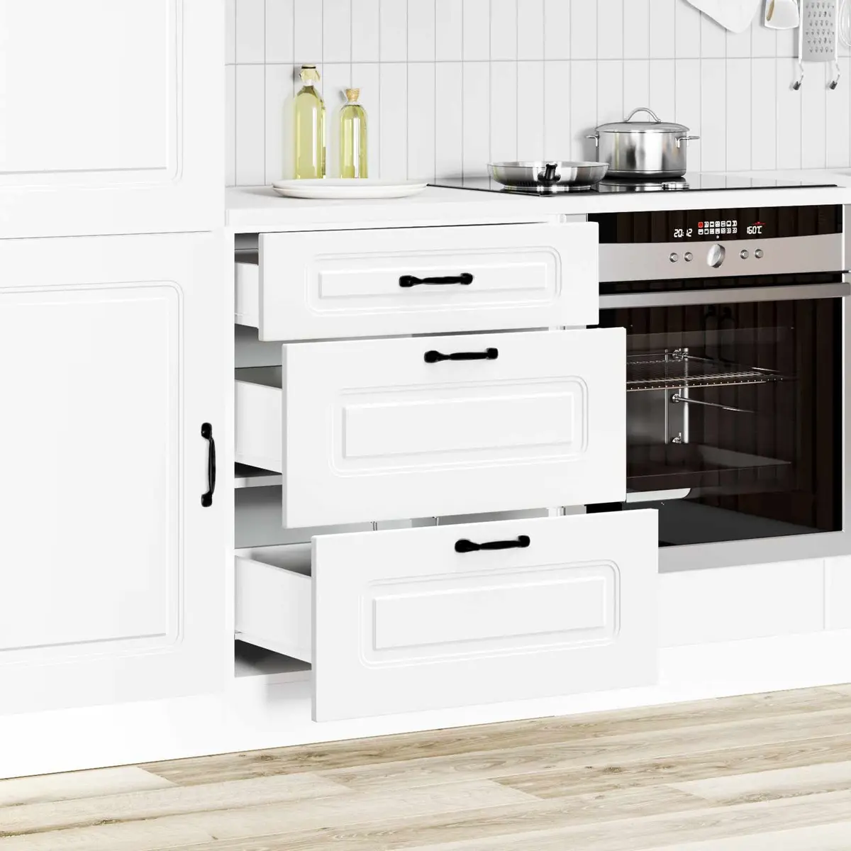 Kitchen Base Cabinet White Engineered Wood Adjustable Feet Storage Cupboard