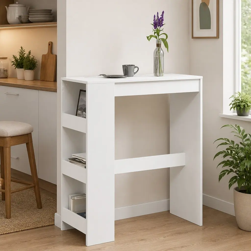Bar Table with Storage Shelves White Engineered Wood High Counter Pub Tall