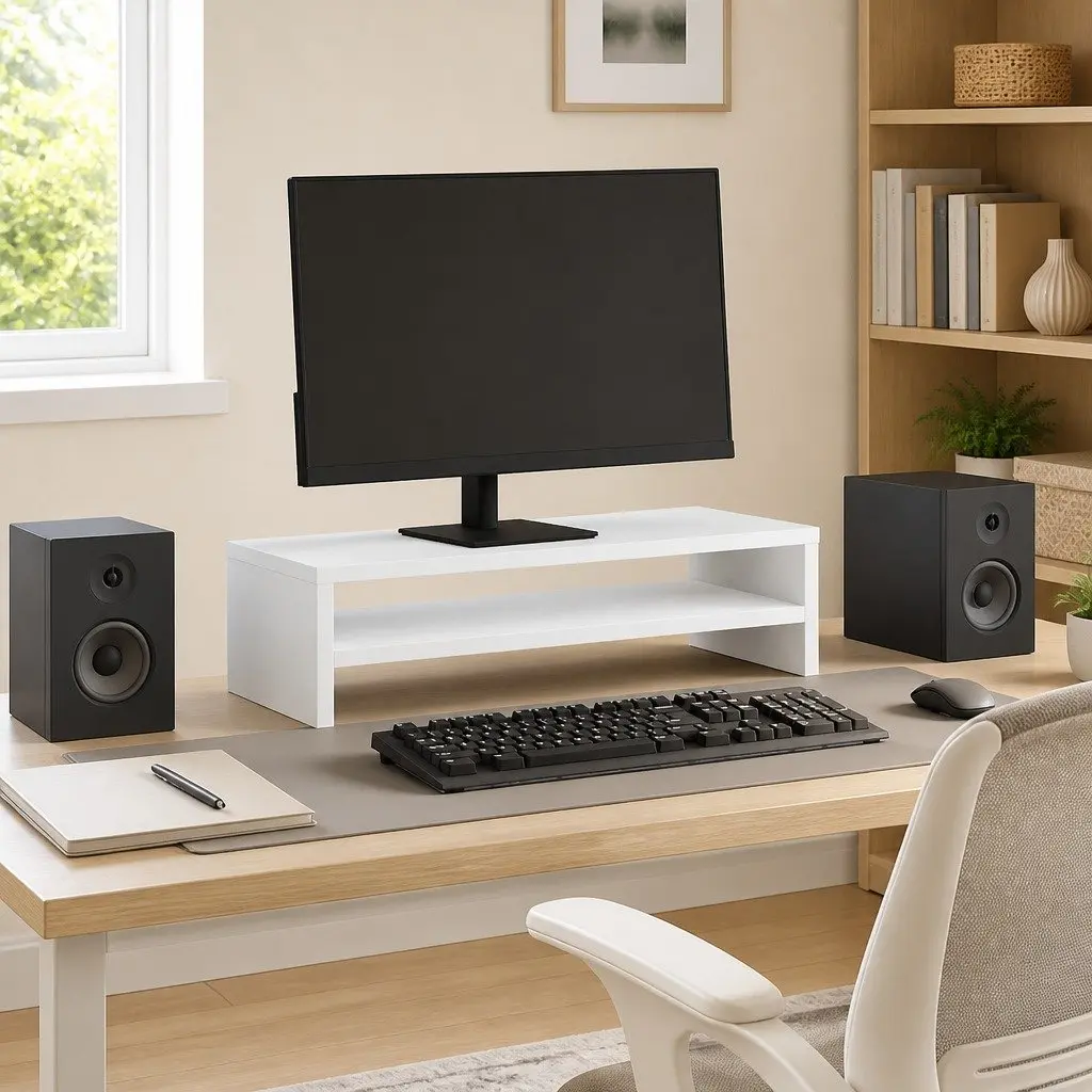 Monitor Stand White Engineered Wood Desk Organizer with Storage Space