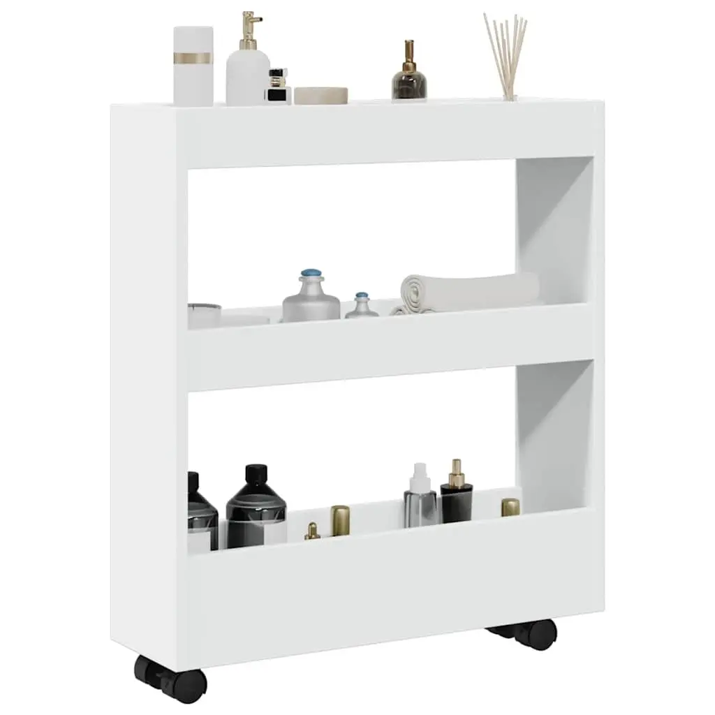 Narrow Storage Trolley 3 Tier White Rolling Kitchen Cart Swivel Wheels