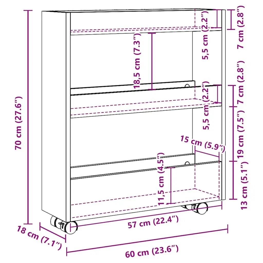 Narrow Storage Trolley 3 Tier White Rolling Kitchen Cart Swivel Wheels