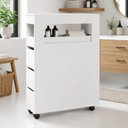 Narrow Bathroom Storage Cabinet with Wheels White Engineered Wood Organiser
