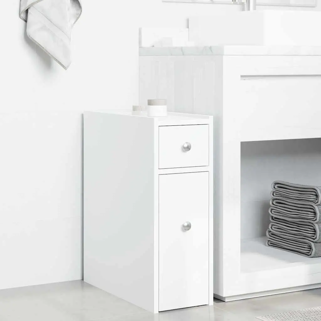 Tall White Bathroom Storage Cabinet on Wheels Engineered Wood Narrow Cupboard
