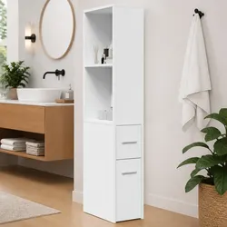 Narrow Bathroom Storage Cabinet with Wheels White Engineered Wood Cupboard