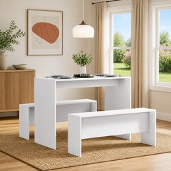 Dining Table and Bench Set 3 Piece White Kitchen Furniture Engineered Wood