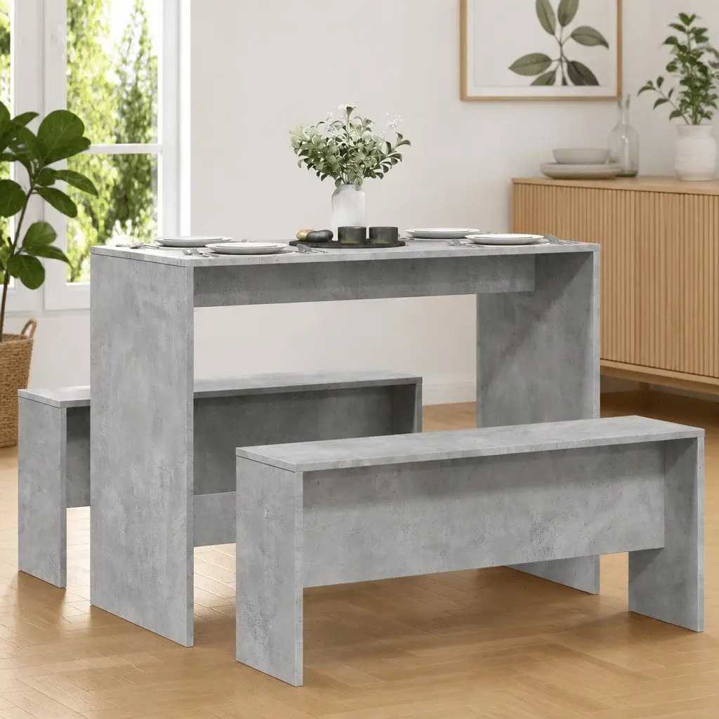 3 Piece Dining Table Bench Set Grey Engineered Wood Durable and Easy to Clean