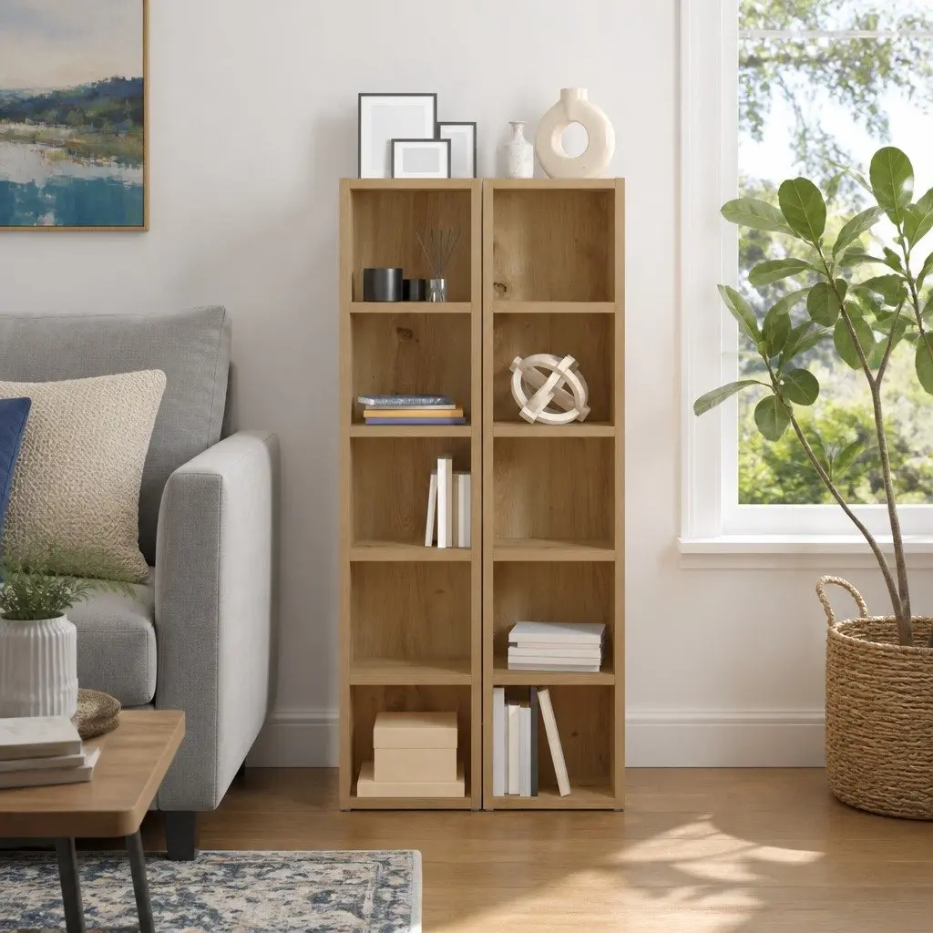 CD Storage Cabinet 5 Compartment Engineered Wood Brown Modern Style Set of 2