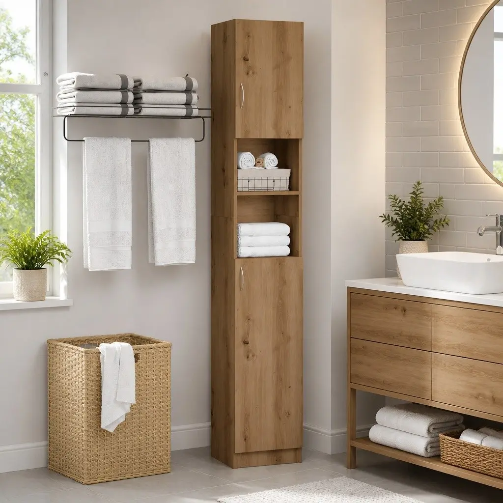 Bathroom Cabinet Tall Brown Engineered Wood Storage Organiser