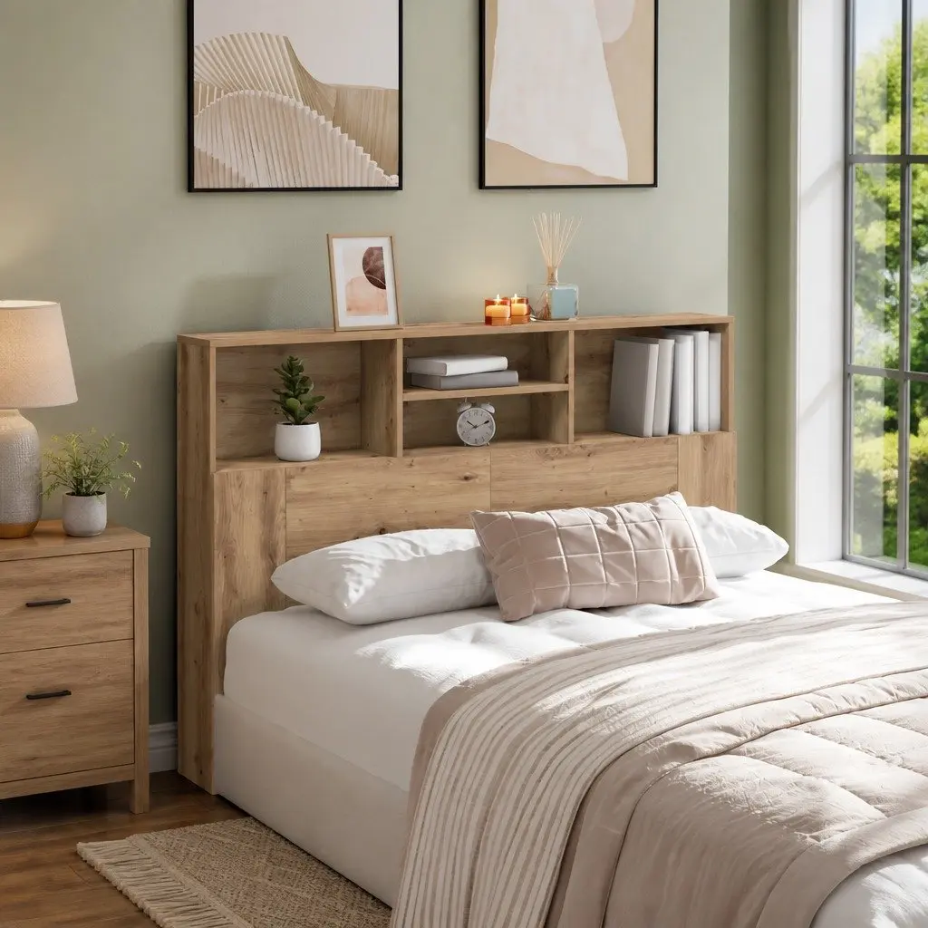 Headboard Cabinet Brown Engineered Wood Wall Mounted Bedroom Storage Bookcase with Four Compartments