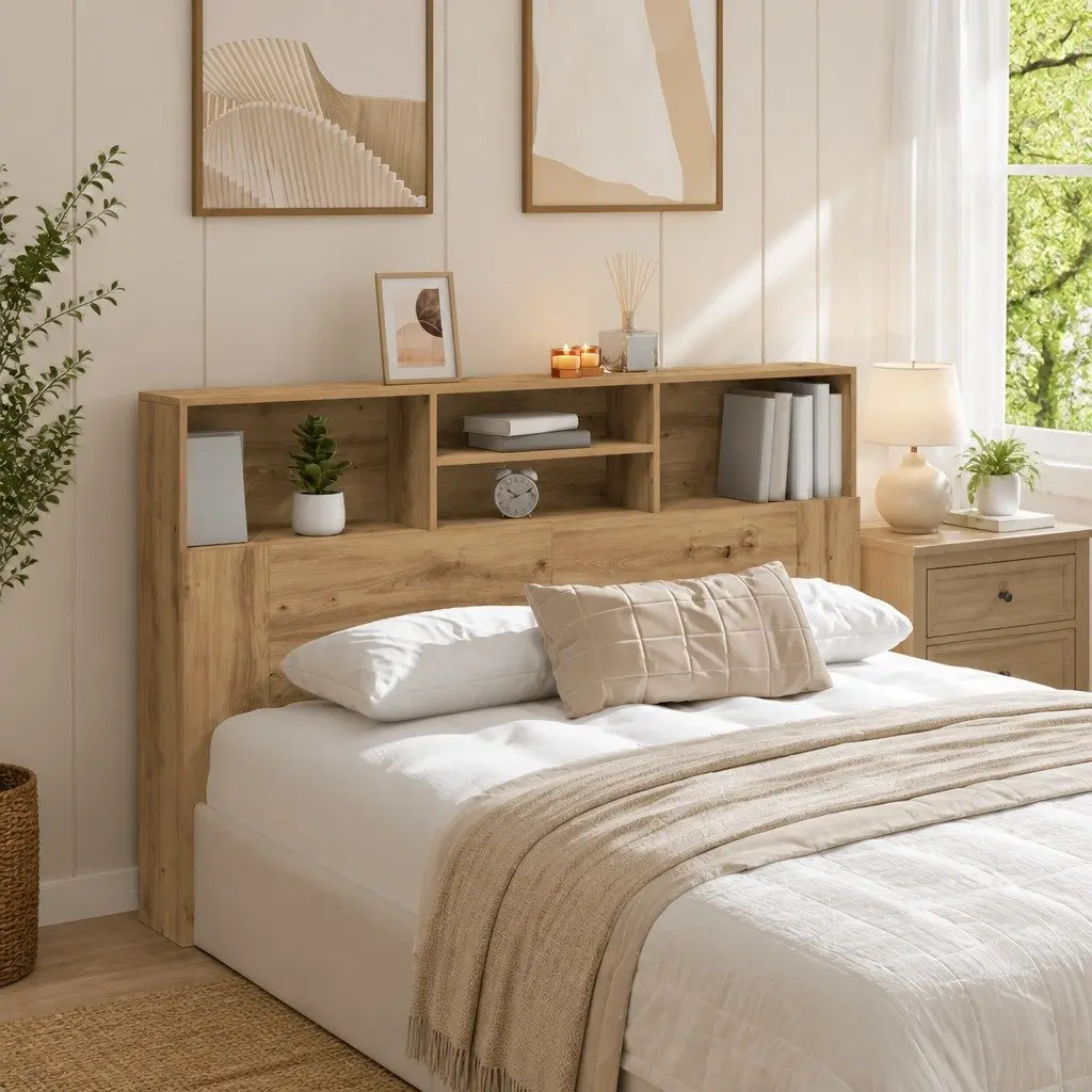 Headboard Cabinet Engineered Wood 160x19x103.5cm Four Storage Compartments Brown Oak