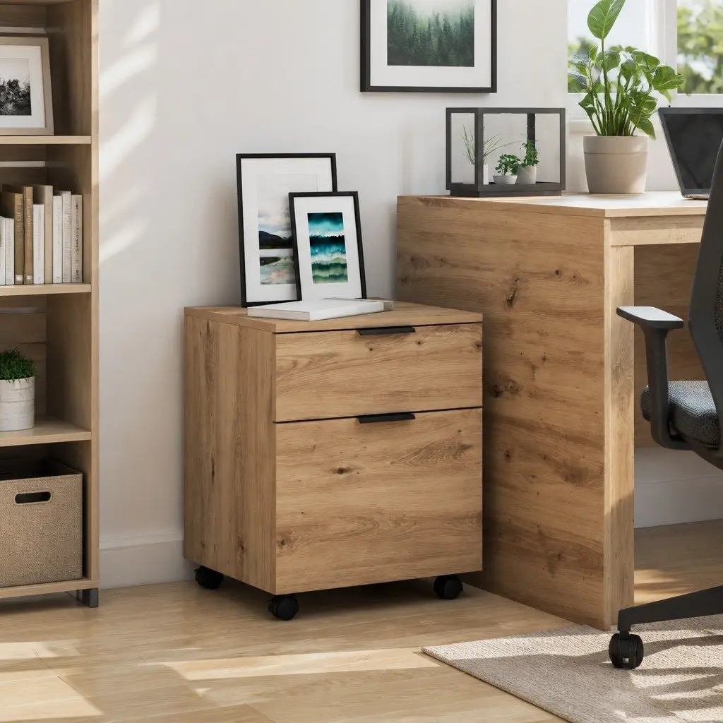 Mobile File Cabinet Brown Engineered Wood Storage Organizer with Wheels