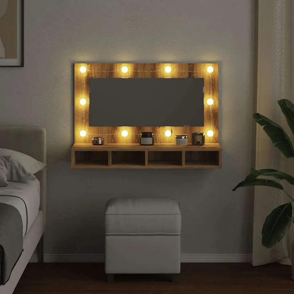 Bathroom Mirror Cabinet 90cm LED Brown Engineered Wood Wall Mounted Vanity Storage