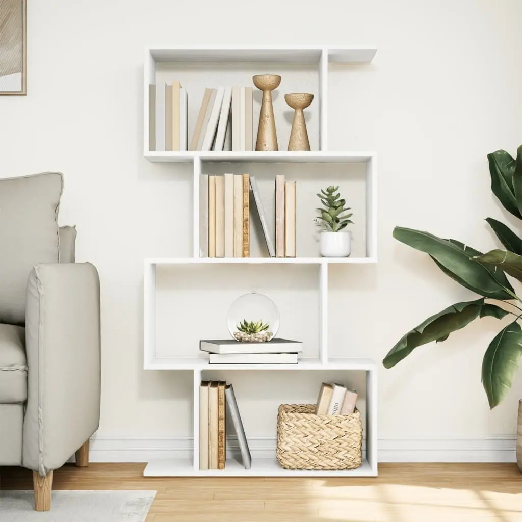 Room Divider Bookcase 4-Tier White Engineered Wood Staggered Compartments Storage Display