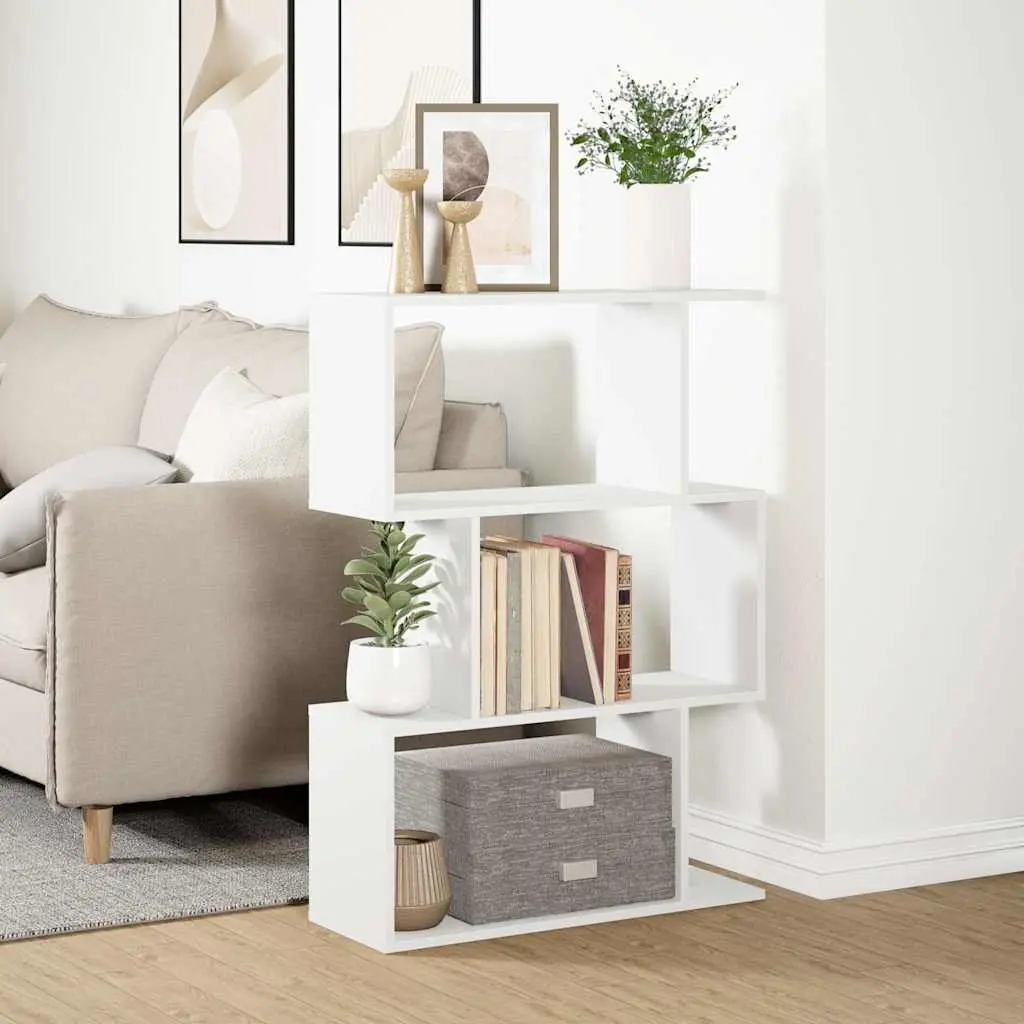 Room Divider Bookcase 3-Tier White Engineered Wood Staggered Storage Shelving Unit