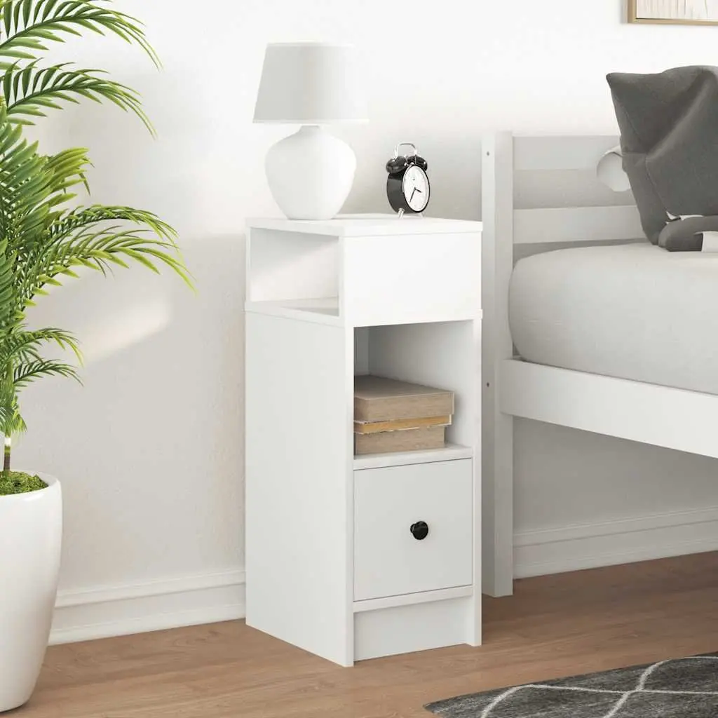 Bedside Cabinet 25x31x66cm White with Drawer and Two Open Compartments for Bedroom Storage