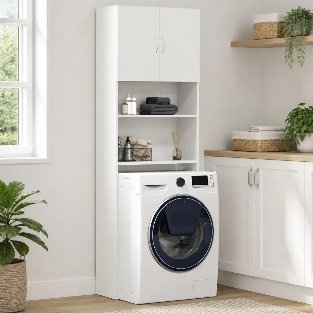 Washing Machine Cabinet 64x24x190 cm White Storage Organizer for Bathroom Laundry