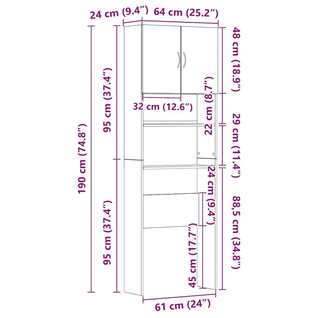 Washing Machine Cabinet 64x24x190 cm White Storage Organizer for Bathroom Laundry