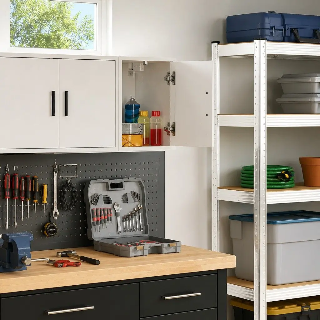 Wall-Mounted Garage Cabinet White Engineered Wood Spacious Enclosed Compartment