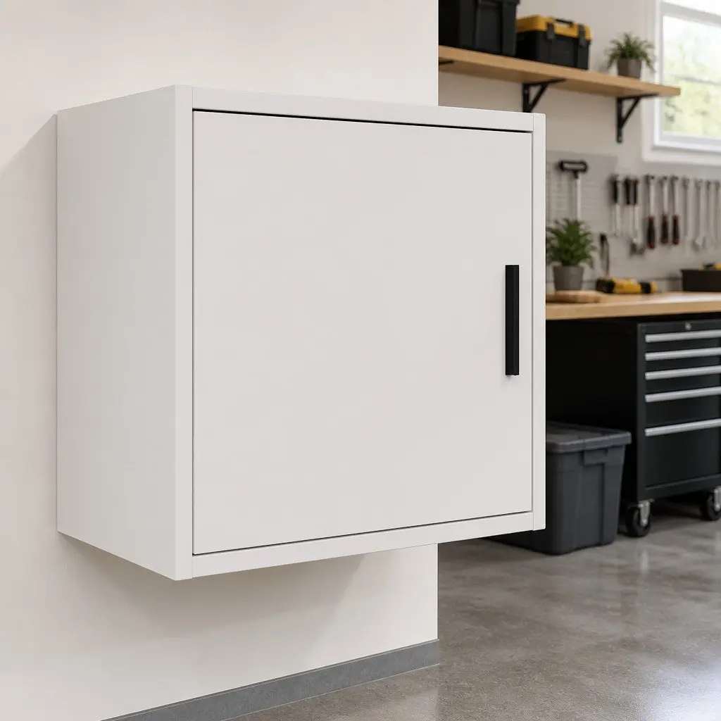 Garage Wall Cabinet White Engineered Wood Storage Cupboard with Door