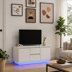 White Living Room TV Cabinet with Integrated LED Lights