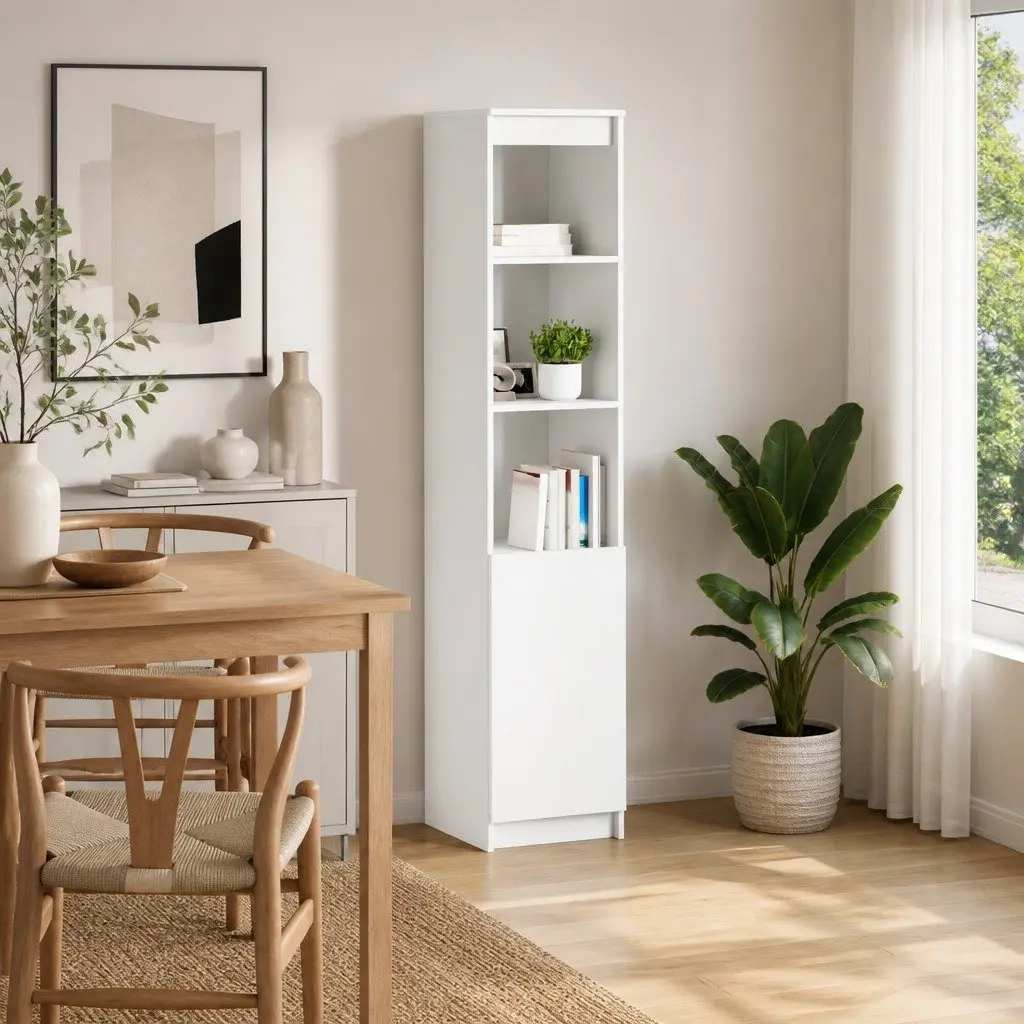 Highboard Storage Cabinet White Engineered Wood Buffet Cupboard Moisture Resistant Flexible Door Placement