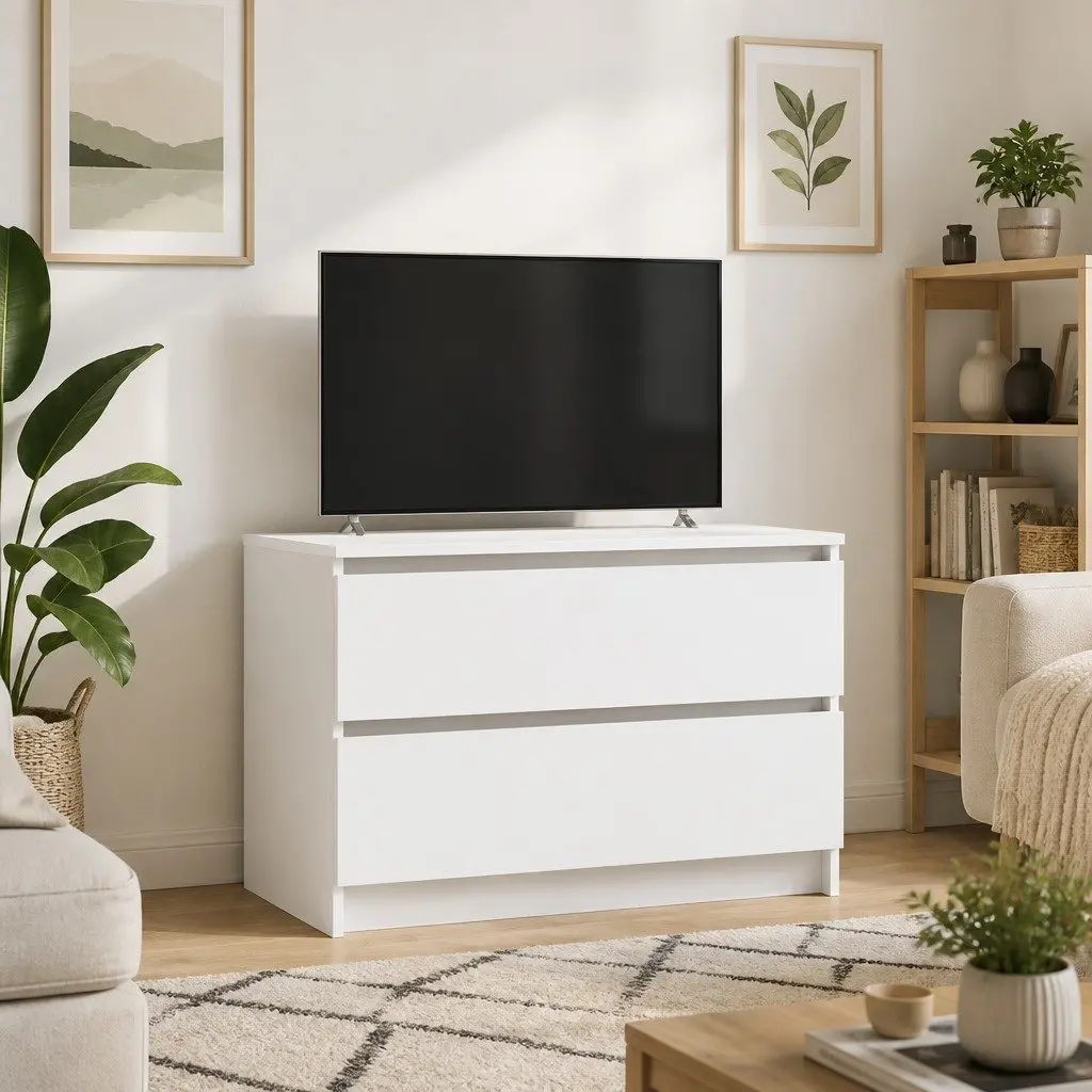 TV Cabinet White Engineered Wood Ample Storage Unit for Living Room Bedroom