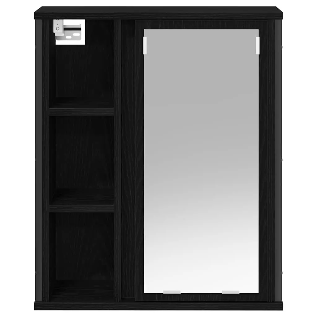 Bathroom Wall Cabinet 50cm Black Oak Wall-Mounted Storage Unit with Mirror and Open Shelves