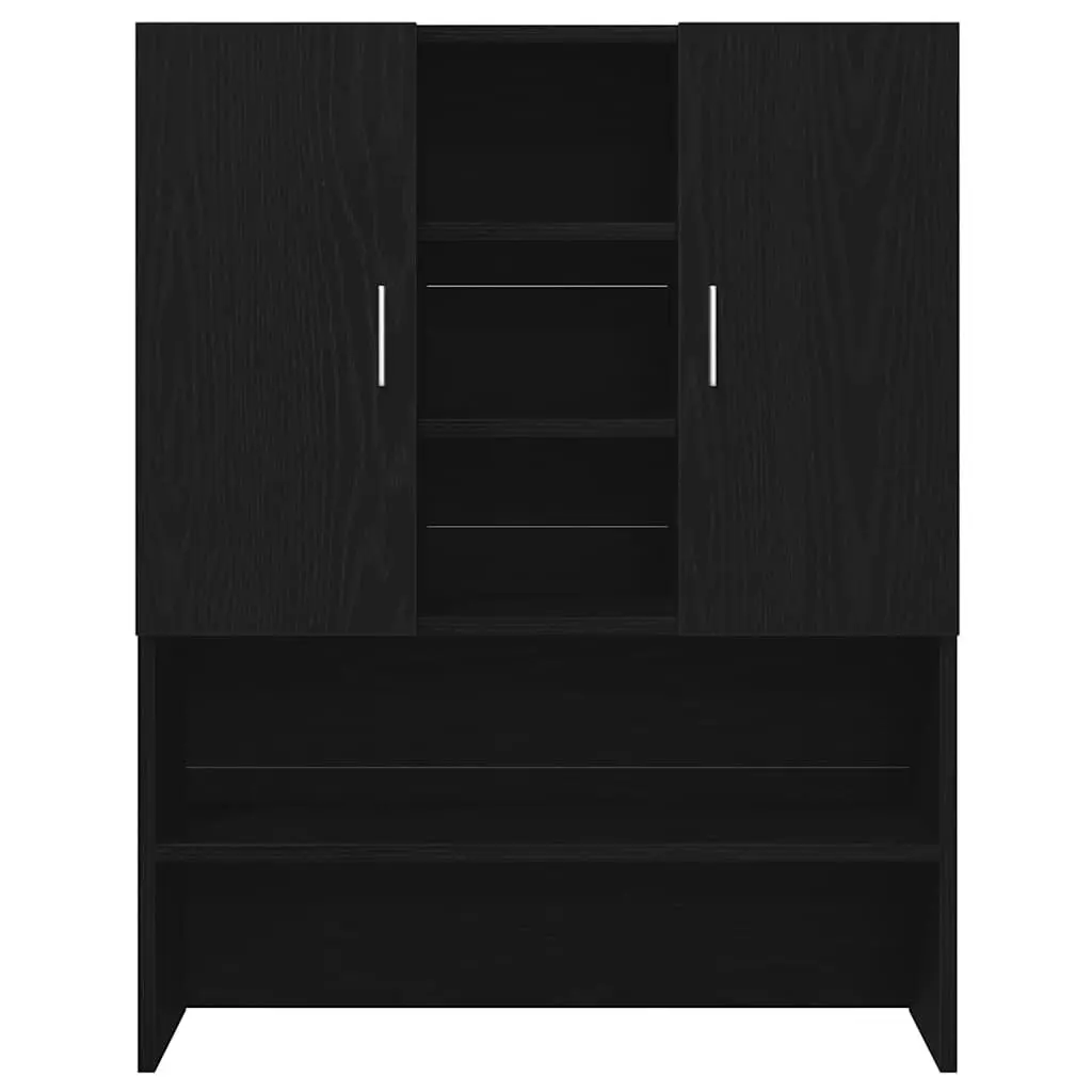 Washing Machine Cabinet Black Oak Storage Organiser with 2 Doors and 4 Open Compartments for Bathroom Laundry Room