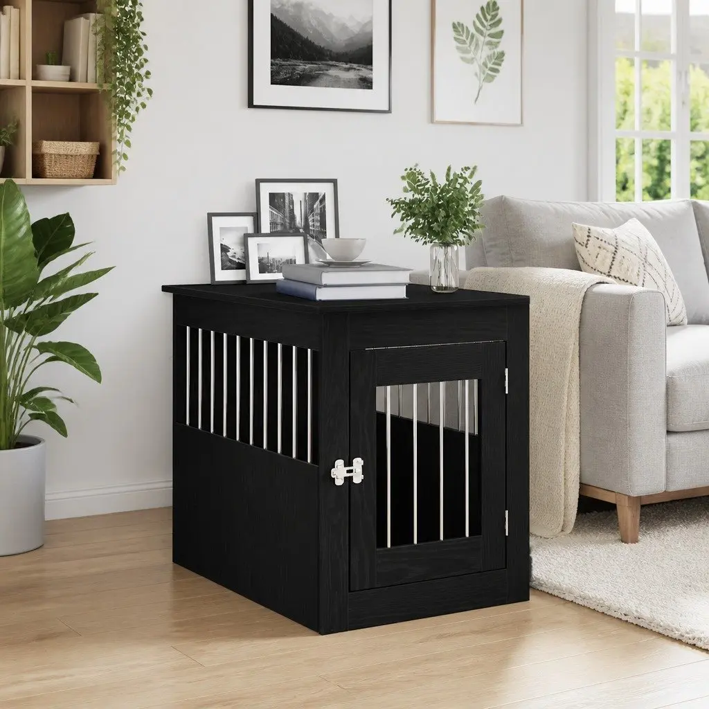 Dog Crate Furniture End Table Black Oak 55x75x65cm Steel Wire Construction Engineered Wood Kennel