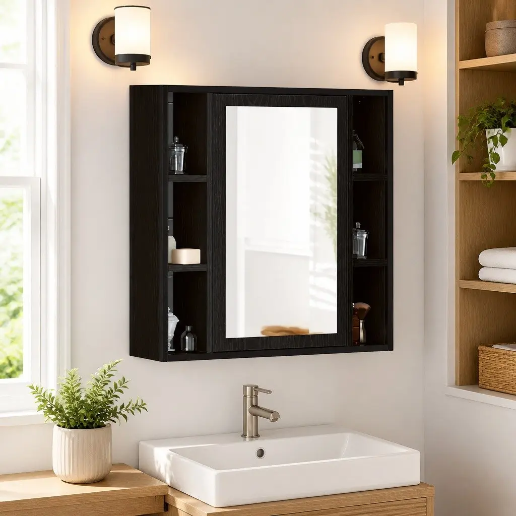 Bathroom Mirror Cabinet Wall-Mounted Storage Unit Black 60x16x60cm