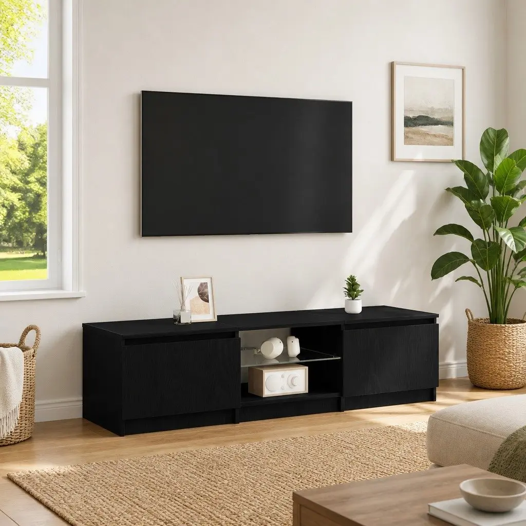 TV Cabinet Black Oak Modern Media Storage Unit with LED Lights and Shelves