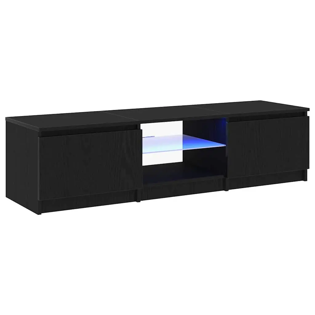 TV Cabinet Black Oak Modern Media Storage Unit with LED Lights and Shelves