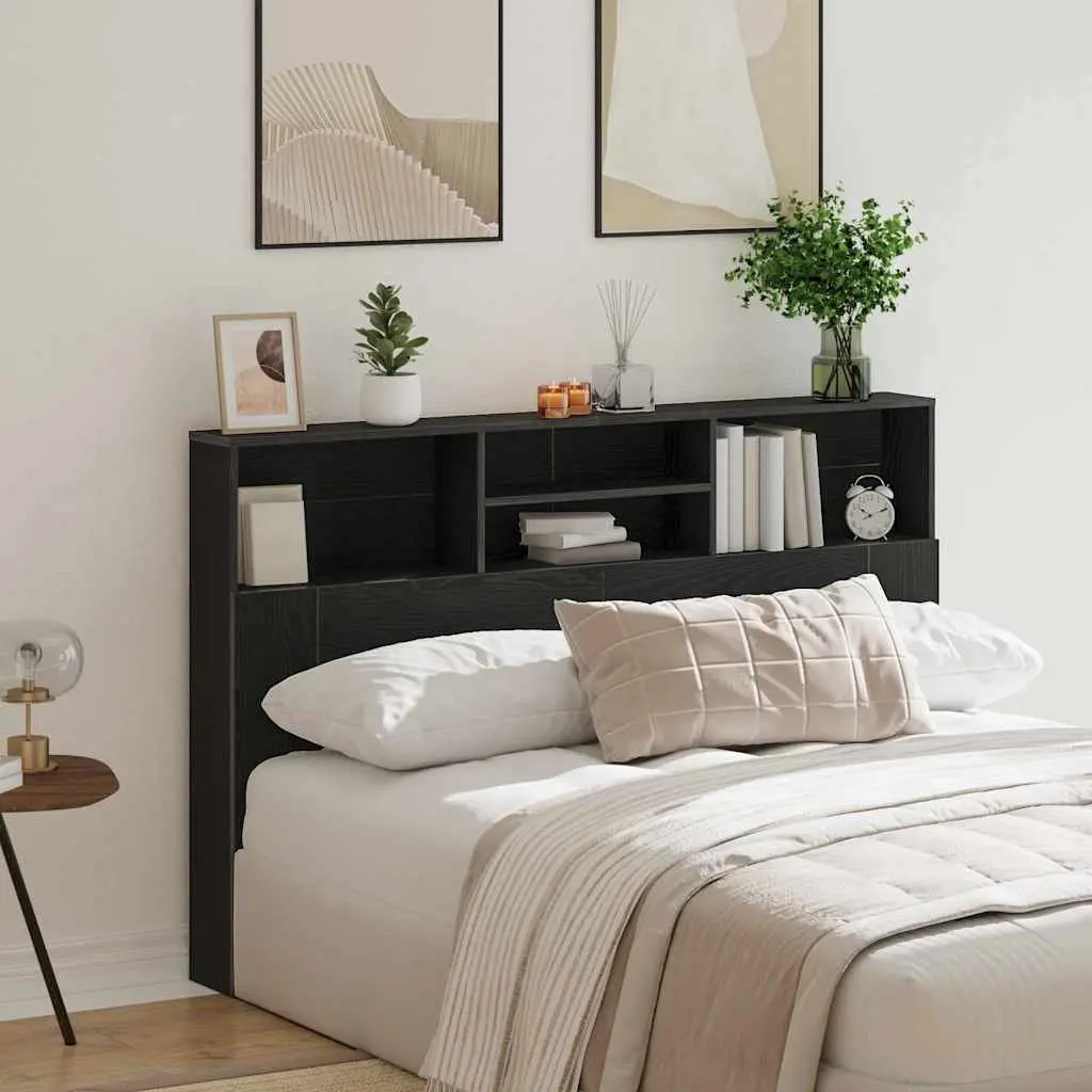 Wall-Mounted Headboard Cabinet 160cm Black Oak Modern Bedroom Storage Shelving Unit