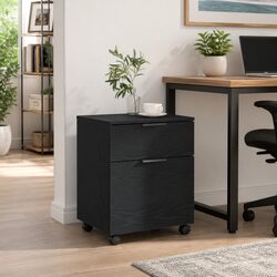 Enhance Your Workspace with This Black Oak Rolling Cabinet