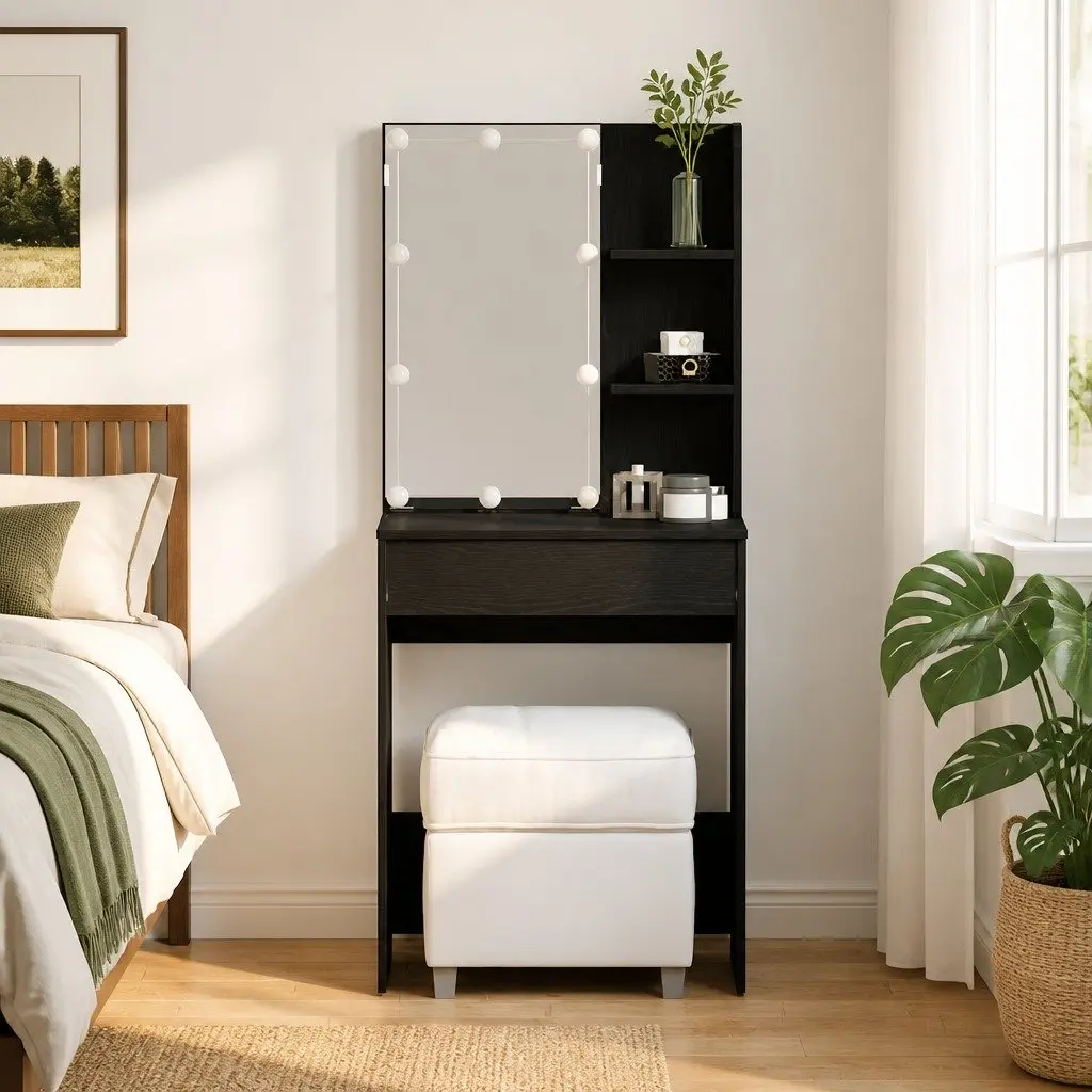 Dressing Table Black Bedroom Vanity Unit with Mirror Storage Shelves LED Lights