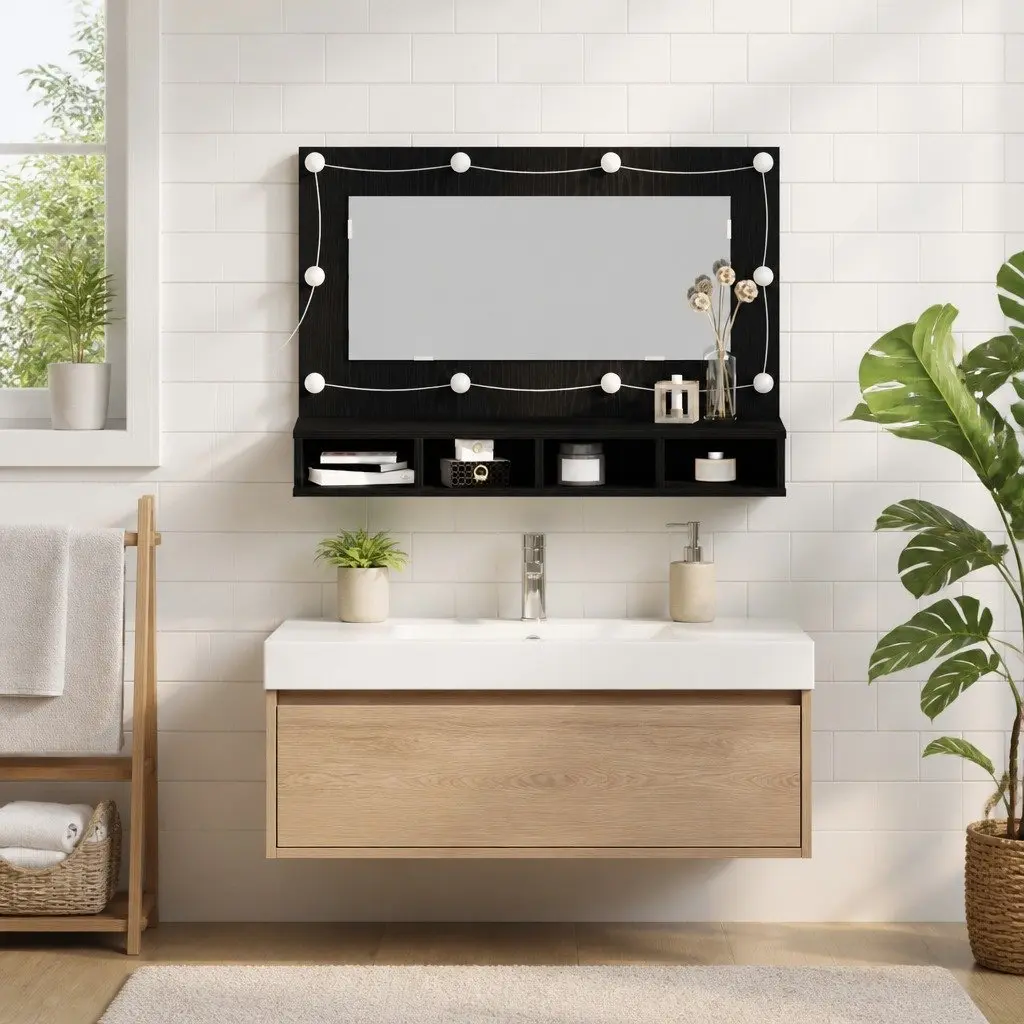 Wall-Mounted Mirror Cabinet 90 x 31.5 x 62 cm Black Oak with Integrated LED Lights and Multiple Storage Compartments