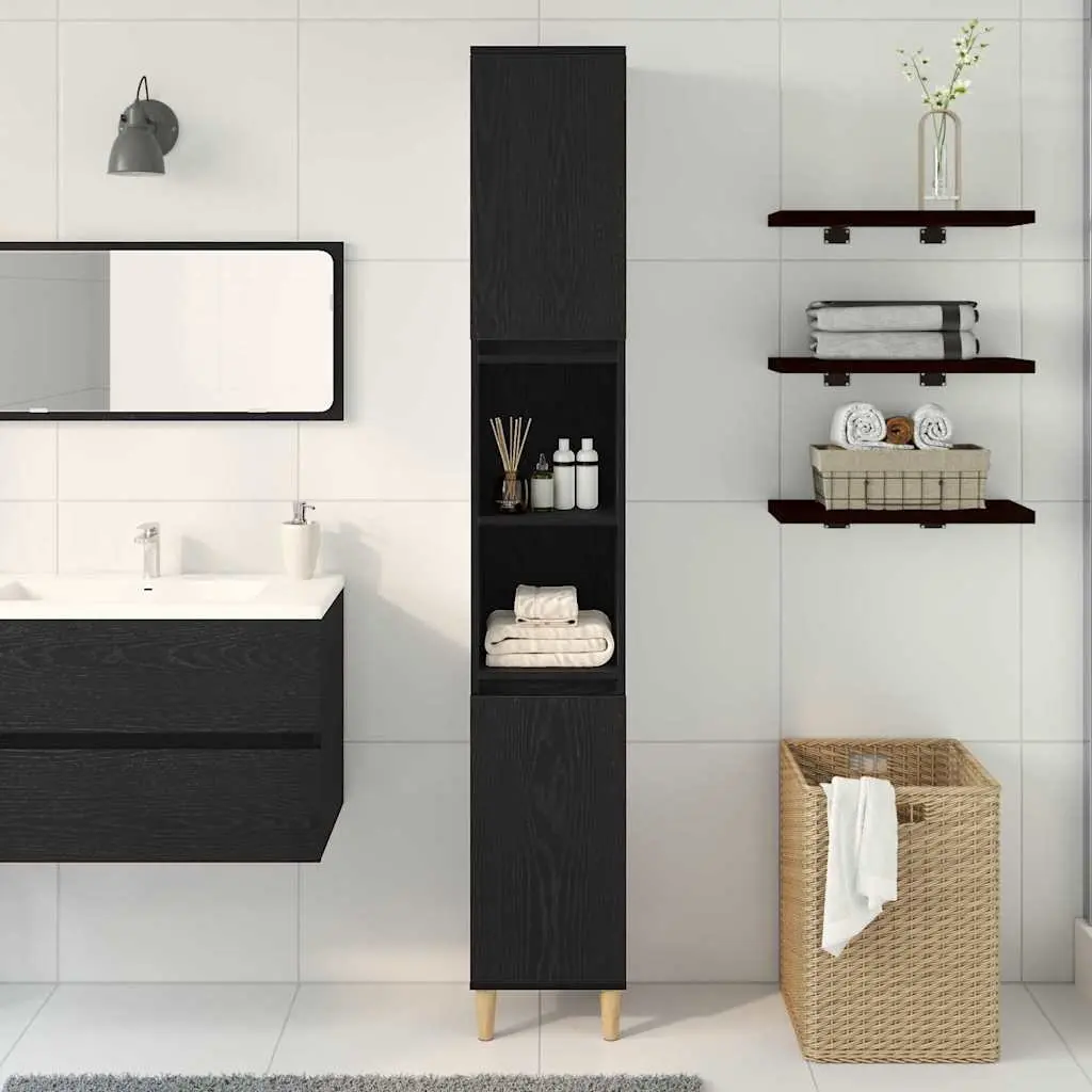 Bathroom Vanity Cabinet 30x30x190cm Engineered Wood Black Oak Tall Storage Unit