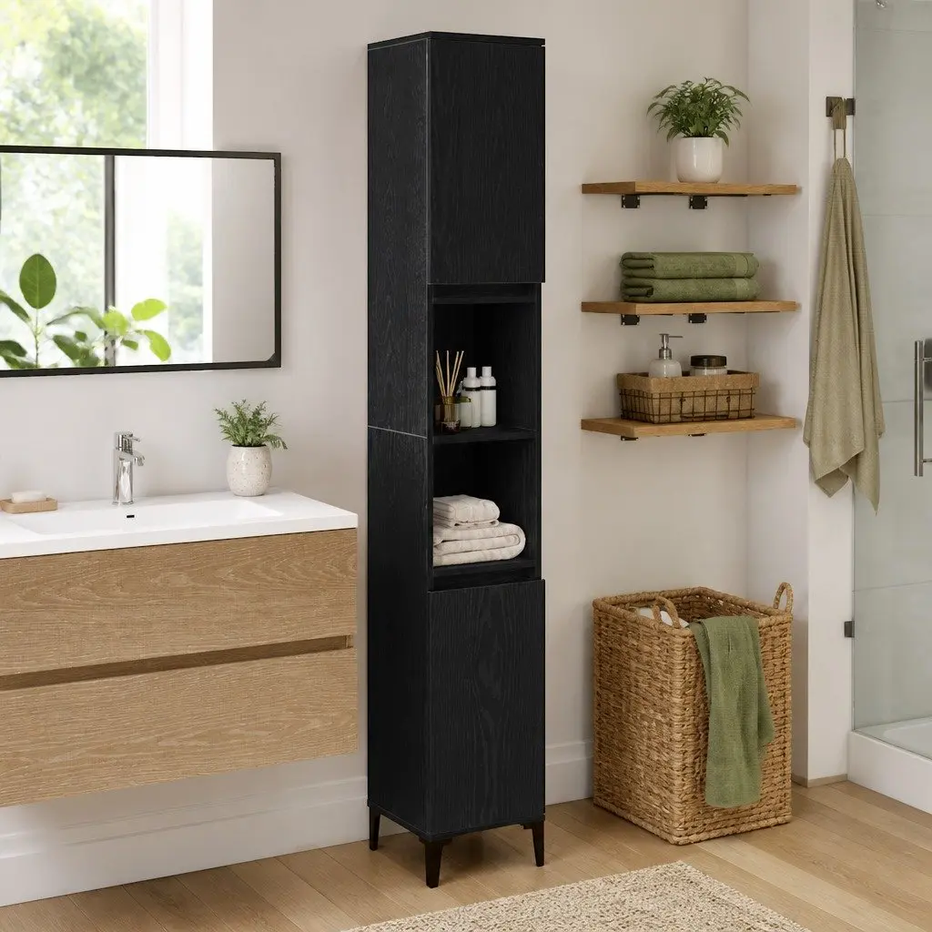 Bathroom Cabinet 30x30x190cm Black Oak Engineered Wood Storage Shelves