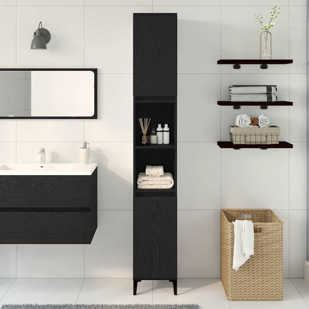 Bathroom Cabinet 30x30x190cm Black Oak Engineered Wood Storage Shelves
