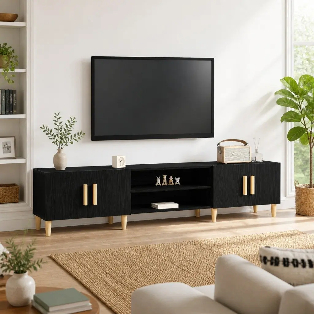TV Cabinet 180cm Black Engineered Wood Modern Storage Unit