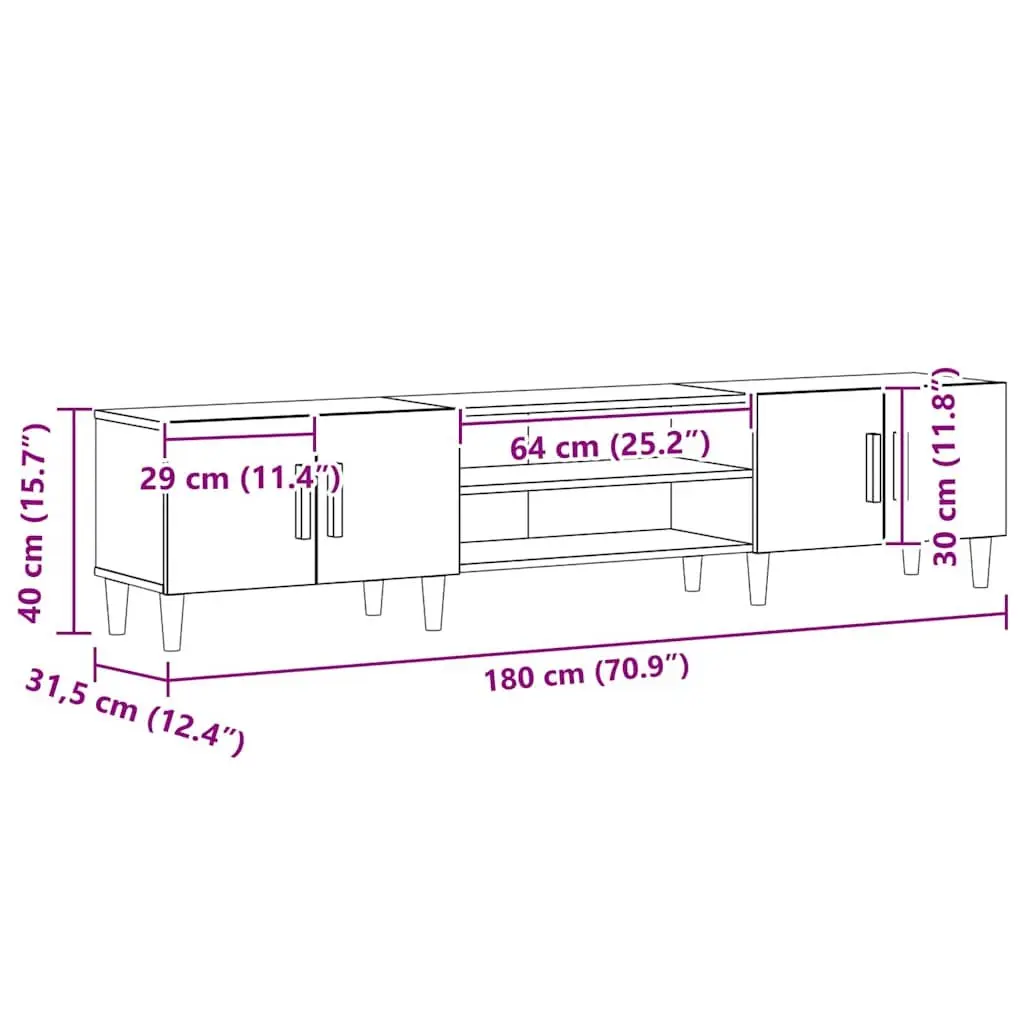 TV Cabinet 180cm Black Engineered Wood Modern Storage Unit