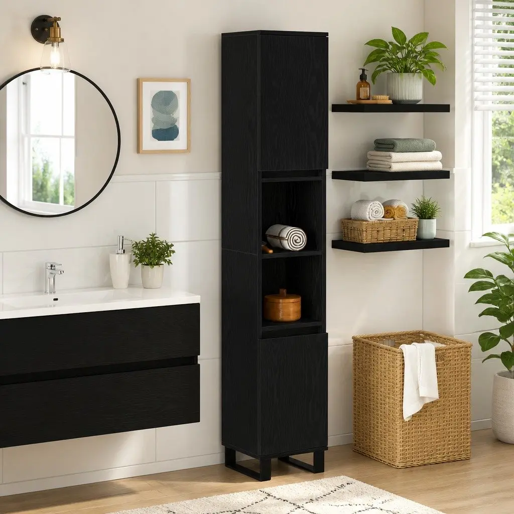 Bathroom Vanity Cabinet 30x30x190cm Black Engineered Wood Modern Storage Unit