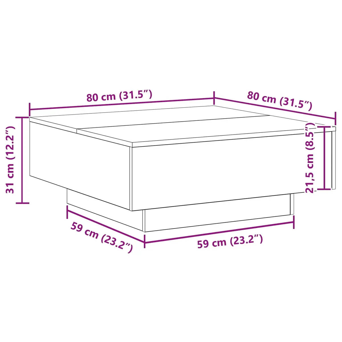 Coffee Table 80x80x31cm Black Oak LED Lights Modern Living Room Accent