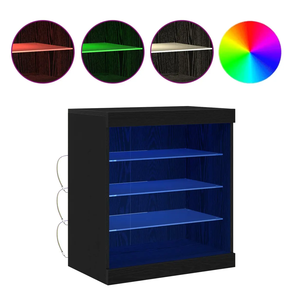 LED Sideboard Black Oak Modern Storage Cabinet with Glass Shelves and RGB Lighting
