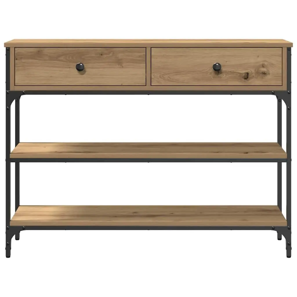 Console Table Engineered Wood Steel Frame Open Shelving Drawer Storage Brown