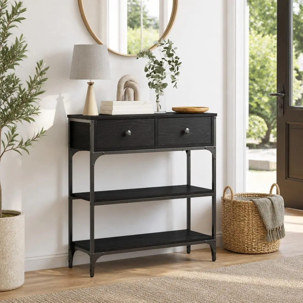 Console Table 72.5 x 25 x 75 cm Industrial Style Black Engineered Wood Steel Frame