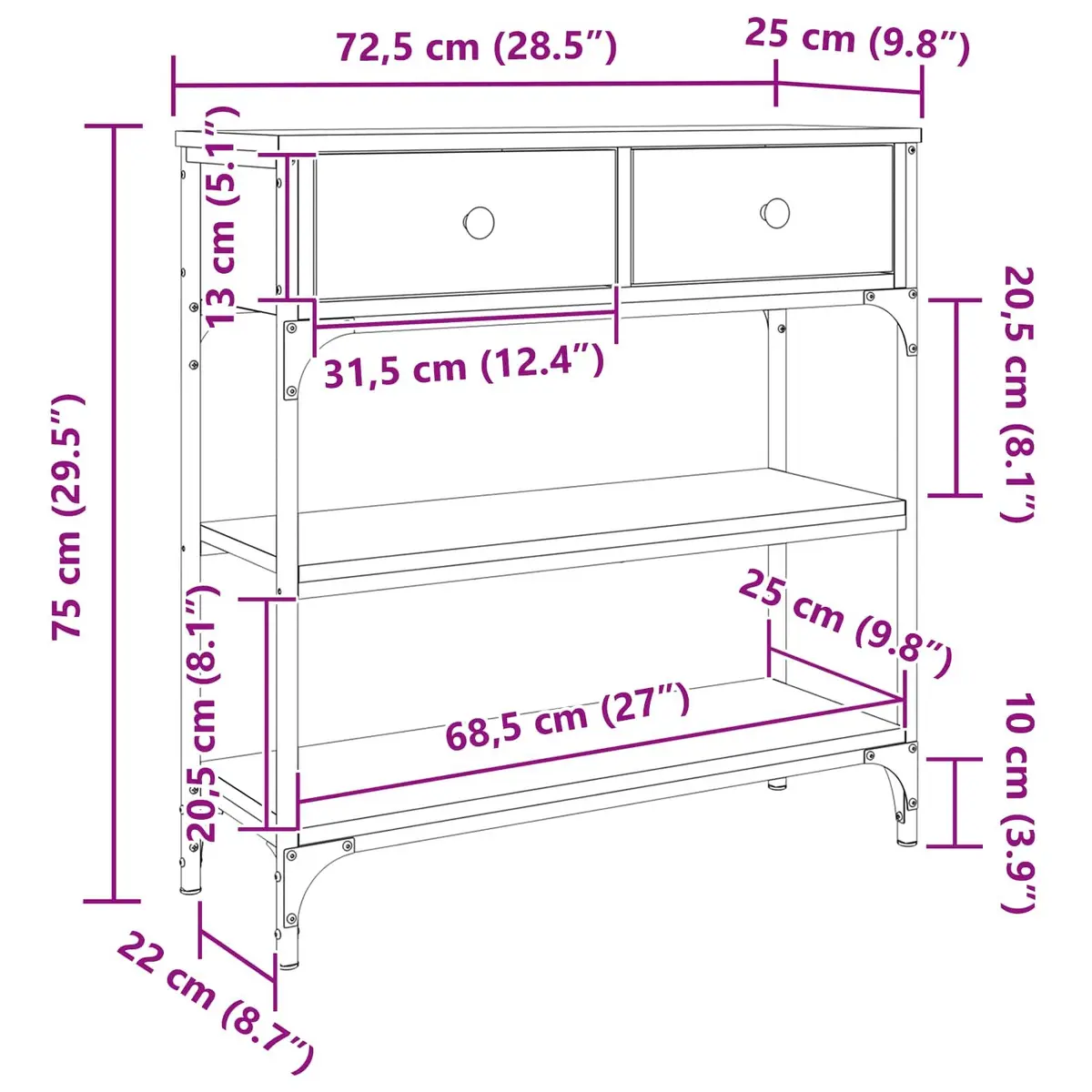 Console Table 72.5 x 25 x 75 cm Industrial Style Black Engineered Wood Steel Frame