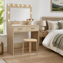 Dressing Table Brown Engineered Wood Bedroom Vanity Mirror LED Lights Storage